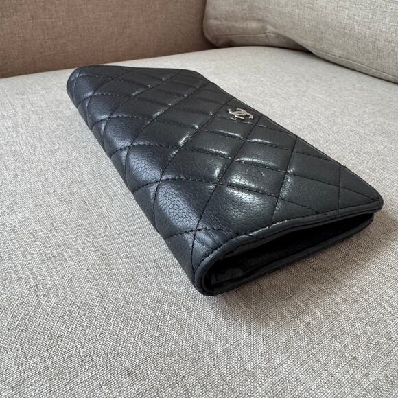 Chanel Black L Yen Wallet Caviar Quilted Lambskin Two Fold Long Continental - Picture 4 of 9